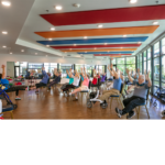 A group of senior citizens exercising in a bright, natural-lit room.
