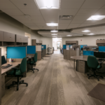 Workstations with gray desks and green chairs. 